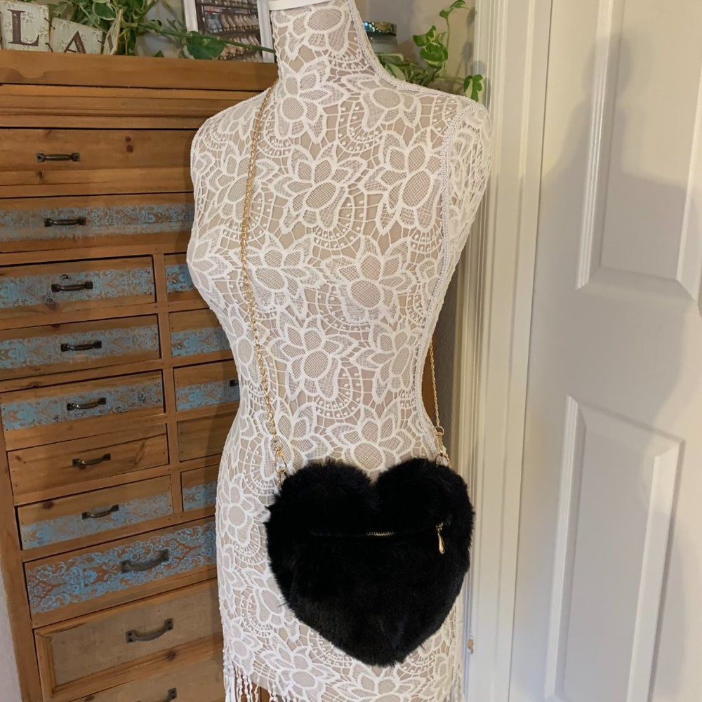 Heart Shaped Faux Fur Crossbody Bag - Black - NWT